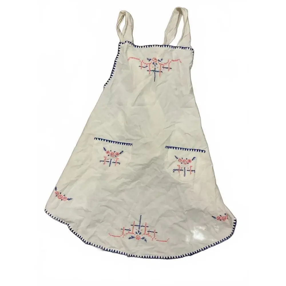 Vintage White Cotton Women's Apron with Blue and Pink Embroidery